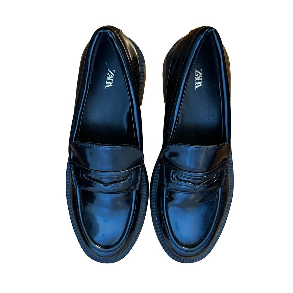 Zara Patent Leather Penny Loafers Black Slip On Career Office Shoes Preppy 38
